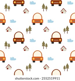 Caricatura de coche tan lindo. En el fondo blanco de la casa de la nube del árbol. Patrón de Ilustración vectorial sin fisuras. 