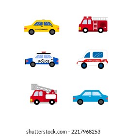 Design-Konzept für Autokartoon.Feuerwagen , Polizeiwagen , Krankenwagen und Krankenwagen , Taxi auf weißem Hintergrund.Design für Kinderbekleidung.Druck , Banner , Symbol.