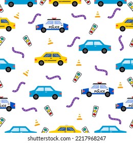 Design-Konzept für Autocartoon-Muster. Autoverkehr mit Polizeiwagen, Taxi-Auto und Schild auf weißem Hintergrund.Design für Kinderkleidung.Druck, Stoffmuster