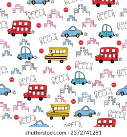 car cartoon pattern design concept. car and city traffic and sign on white background.Design for kid clothing.printing ,fabric pattern
