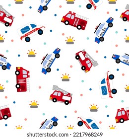 Autocartoon Muster Design Konzept.Feuerwagen , Polizeiwagen , Krankenwagen und Alarm auf weißem Hintergrund.Design für Kinderbekleidung.Druck , Stoffmuster.