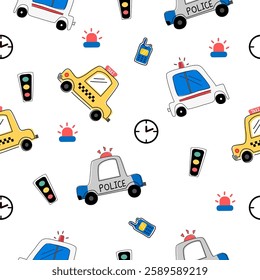 car cartoon pattern design concept.Taxi, police car ,traffic light ,ambulance car pattern