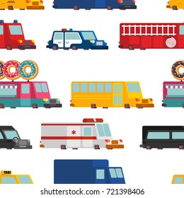 Car cartoon seamless pattern. Fire engine and police car. ambulance and taxi. Fast food truck. vector illustration