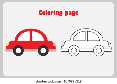 Car in cartoon style, coloring page, education paper game for the development of children, kids preschool activity, printable worksheet, vector illustration