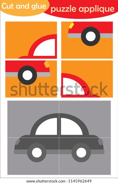 Car in cartoon style, education puzzle game\
for development of preschool children, use scissors and glue to\
create the applique, cut parts of the image and glue on paper,\
vector illustration