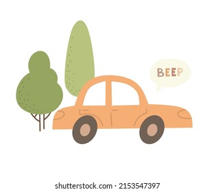 Car in cartoon style with the words BEEP, children's print. Vector illustration.