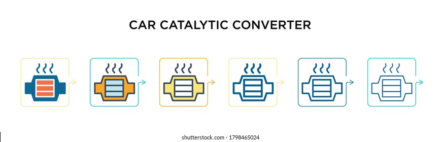 Icono del vector del convertidor catalítico del automóvil en 6 estilos modernos diferentes. Iconos catalizadores de coches negros, de dos colores, diseñados en el estilo relleno, contorno, línea y trazo. Se puede utilizar la ilustración del vector 