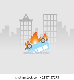 The car caught fire due to an accident on the streets of a big city. Car accident