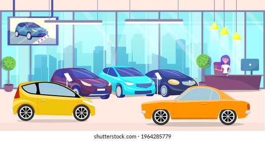 Car center, automobiles in store. Test drive, auto showroom, sale of luxury transport, distribution shop. Transport for purchase. Crossover, cross country car, station wagon with tinted glasses