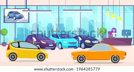 Car center, automobiles in store. Test drive, auto showroom, sale of luxury transport, distribution shop. Transport for purchase. Crossover, cross country car, station wagon with tinted glasses