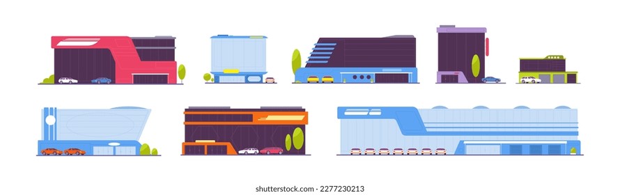 Car center building. Automotive showroom, auto dealer buildings dealership modern street cars store with mechanical maintenance, automobile shopping splendid vector illustration of dealer storefront