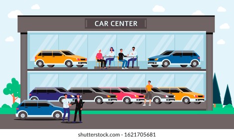 Car center - cartoon glass building with colorful cars and people inside. Automobile dealership or showroom exterior with buyers and sellers - flat vector illustration.