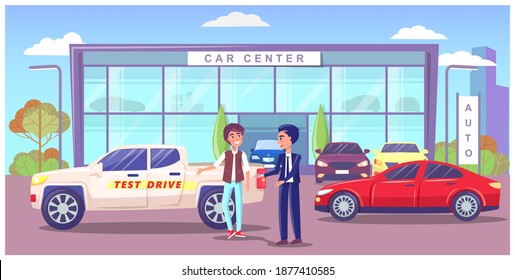 Car center, exhibition pavilion, showroom building with different modern automobiles, man seller manager giving keys to owner. People standing outdoor near white jeep with inscription test drive