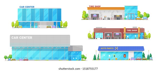 Car center, spare parts and tire shop building icons. Vector vehicle mechanic repair workshop station, cars trade, dealer showroom and tire shop, transport rental company buildings