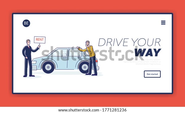 Car center website\
landing page with agent giving keys for new auto owner. Template\
background with cartoon dealer and client at car showroom. Linear\
vector illustration