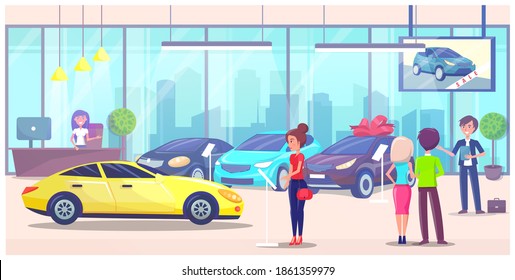 Car center, woman customer buyer choosing automobile in car store, clients talking with manager, asking about test drive of auto, auto showroom, sale of luxury transport, people in distribution shop