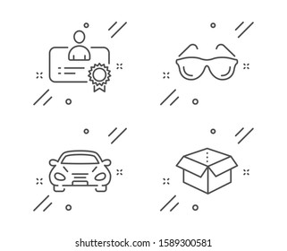 Car, Certificate And Eyeglasses Line Icons Set. Open Box Sign. Transport, Best Employee, Optometry. Delivery Package. Business Set. Line Car Outline Icon. Vector