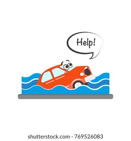 Car character drowning in river, lake, speech bubble with word Help, cartoon vector illustration isolated on white background. Car character has road accident, falls into water and starts sinking