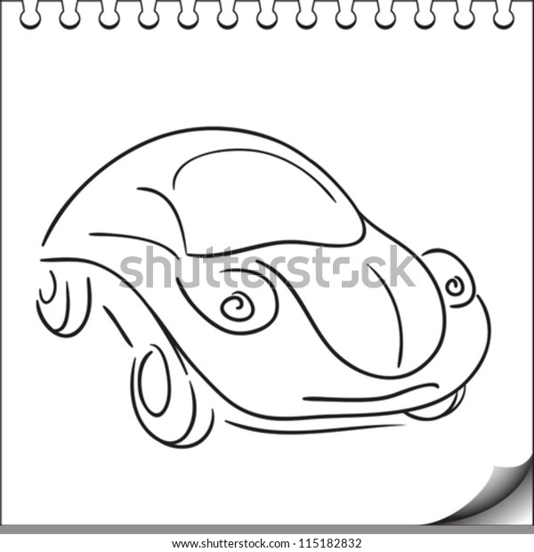 Car character sketch on white notebook page,\
vector illustration