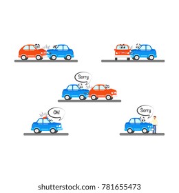 Car characters accidents set in flat style. Red, blue vehicles with eyes and face emotions had all type of collisions, drowning in water saying help, hit pedestrian. Isolated vector illustration