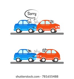 Car characters accidents set in flat style. Blue vehicle with eyes and face emotions got head-on and rear collision with red one. Isolated vector illustration on a white background.