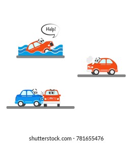 Car characters accidents set .Red vehicle with eyes, emotions drowning in water saying help, blue and red cars had side collision, auto broken down. Isolated flat vector illustration white background