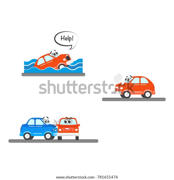 Car characters accidents set .Red vehicle with\
eyes, emotions drowning in water saying help, blue and red cars had\
side collision, auto broken down. Isolated flat vector illustration\
white background