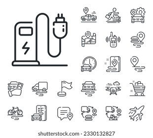 Señal de enchufe de carga de coche. Iconos de esquema de plano, cadena de suministro y ubicación de sitio. Icono de línea de estación de carga. Símbolo de energía eléctrica. Cargando el signo de la línea de la estación. Transporte de taxis, alquiler de un icono de bicicleta. Vector