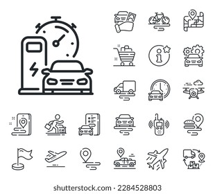 Car charge time sign. Plane, supply chain and place location outline icons. Charging station line icon. Electric power symbol. Charging station line sign. Taxi transport, rent a bike icon. Vector