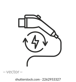 icono del cargador de coche, conector eléctrico para auto, enchufe al vehículo eléctrico, símbolo de línea delgada sobre fondo blanco - ilustración del vector de trazo editable eps10