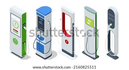 Car charger. Realistic electromobile charging station. Alternative fuel. Socket for electrical-car-battery charger with load indicator lights.
