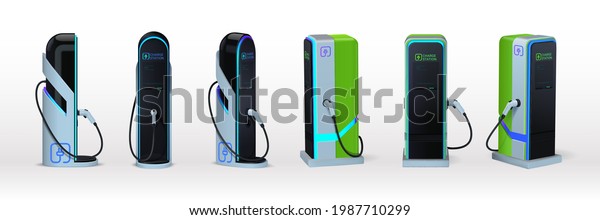 Car charger. Realistic electromobile charging\
station. View from different sides on 3D equipment set for auto\
accumulator recharging. Alternative fuel. Vector green energy\
technology