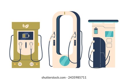 Car Charger Station Provides Electric Power To Recharge Electric Vehicles, Offering Connectors, Vector Illustration