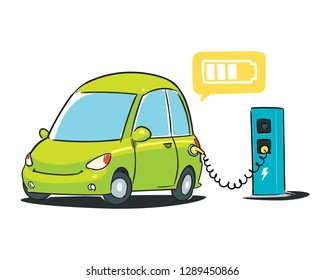 Car Charging. Cartoon Electric Car Isolated on white background.
