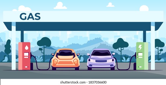 Car charging at the charger station. Car refueling petrol at the gas station. Electric or gasoline. Flat style eps10 illustration. Front view. Simple modern design. Black color icon.