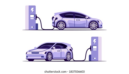 Car charging at the charger station. Car refueling petrol at the gas station. Electric or gasoline. Flat style eps10 illustration. Front view. Simple modern design. Black color icon.