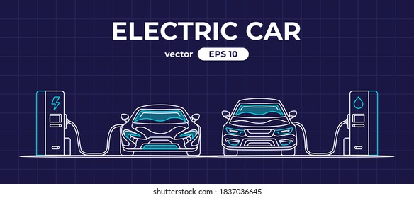 Car charging at the charger station. Car refueling petrol at the gas station. Electric or gasoline. Flat style eps10 illustration. Front view. Simple modern design. Black color icon.