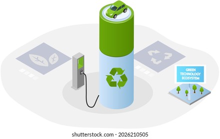 Car charging at charger station. Refueling car with environmentally friendly fuel made from recycled materials. Use of biofuel, alternative energy. Ecological consumption for technology production