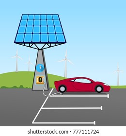 car charging in front of the solar panel 