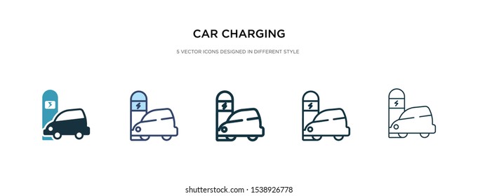 car charging icon in different style vector illustration. two colored and black car charging vector icons designed in filled, outline, line and stroke style can be used for web, mobile, ui