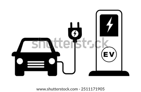 Car charging icon, Electric car with plug icon, Electric Vehicle Charging Sign, Green hybrid vehicles charging point logotype, EV symbol vector illustration, EV icon, Eco friendly vehicle concept. 