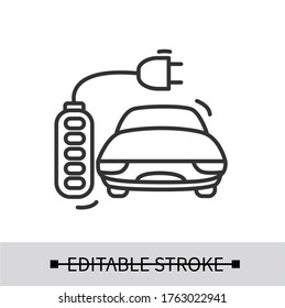 Car charging icon. Electric vehicle with socket charging plug linear pictogram. Concept of safe money saving ecological transport. Editable stroke vector illustration for web and advertising