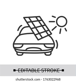 Car charging icon. Electric vehicle with solar panel and sun linear pictogram. Concept of renewable power sources usage and ecology safe ev battery cell energy. Editable stroke vector illustration