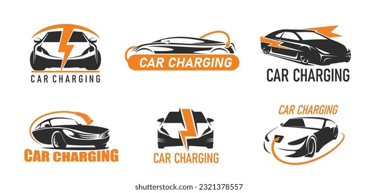 Car charging icons, electric car charge station with battery plug, vector eco auto signs. Electric cars and hybrid energy automobile charging point emblems, green fuel and EV power cable station