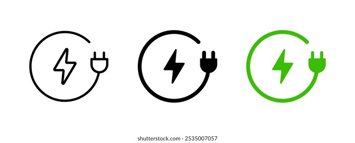 Icono del punto de carga del coche. Símbolo de enchufe eléctrico. Señal de electricidad. Ilustración vectorial energética verde. Alambre con enchufe y pictograma de relámpago. Concepto aislado de la tecnología del Recargo del teléfono.