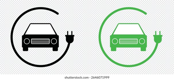 Ícone do ponto de carregamento do carro png. Símbolo de plugue elétrico. Sinal de eletricidade. Ilustração do vetor de energia verde. Conceito de tecnologia de carga de telefone. 
Fio com pictograma de plugue e raio. 