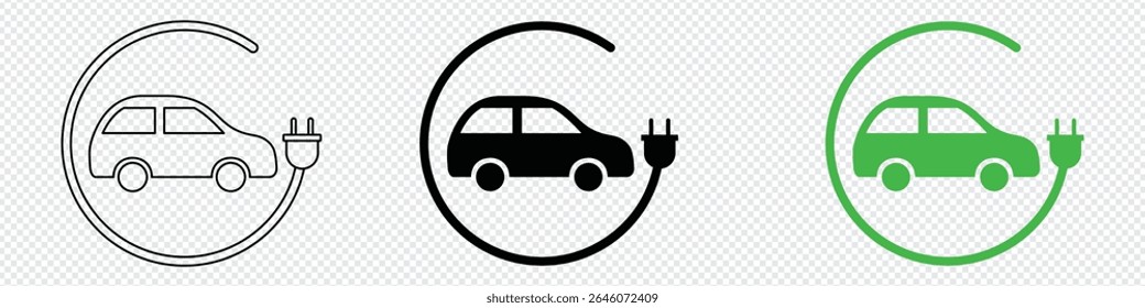 Ícone do ponto de carregamento do carro png. Símbolo de plugue elétrico. Sinal de eletricidade. Ilustração do vetor de energia verde. Conceito de tecnologia de carga de telefone. 
Fio com pictograma de plugue e raio. 