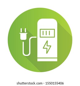 Car charging station green flat design long shadow glyph icon. Electric fuel pump for public usage. EV rechagging point. Filing terminal for electrified automobile. Vector silhouette illustration