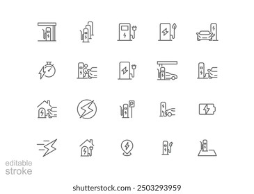 Car charging station icon set. Simple outline style. EV, electric socket station, car plugged to charge, battery, technology concept. Thin line symbol. Vector illustration isolated. Editable stroke.