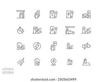 Car charging station icon set. Simple outline style. EV, electric socket station, car plugged to charge, battery, technology concept. Thin line symbol. Vector illustration isolated. Editable stroke.